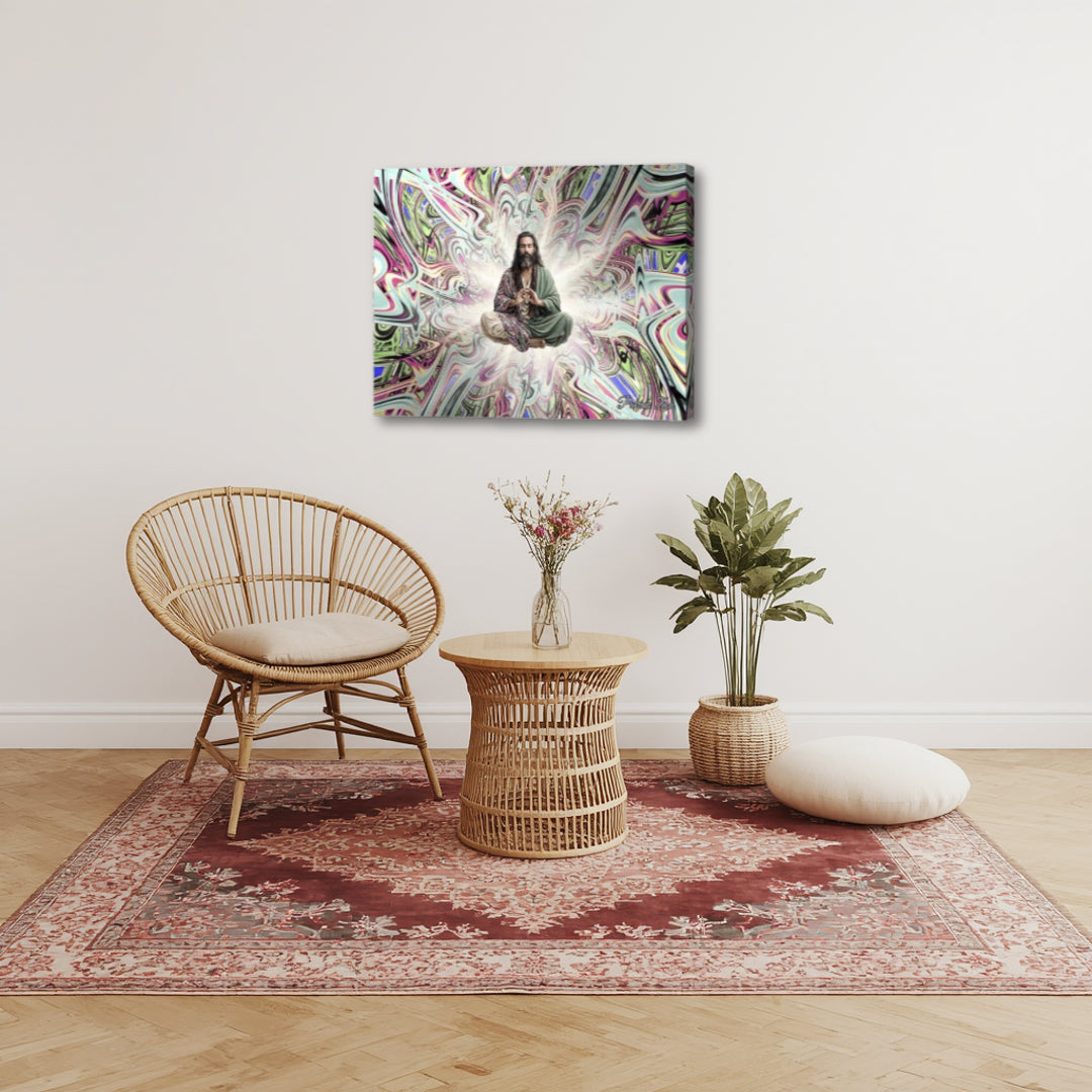 Approaching Nirvana – spiritual fractal canvas art by Patrick Zion in a calm boho interior, showing a glowing meditative figure immersed in flowing pastel fractal patterns, representing inner peace, surrender, and spiritual evolution.
