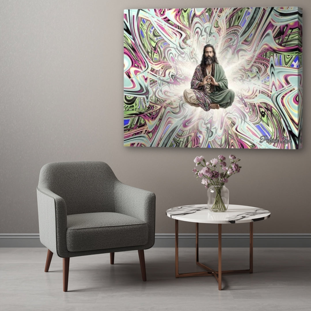 Approaching Nirvana- contemporary spiritual canvas decor by Patrick Zion featured in elegant minimalist living space, serene meditative figure surrounded by flowing visionary patterns and peaceful radiant atmosphere.