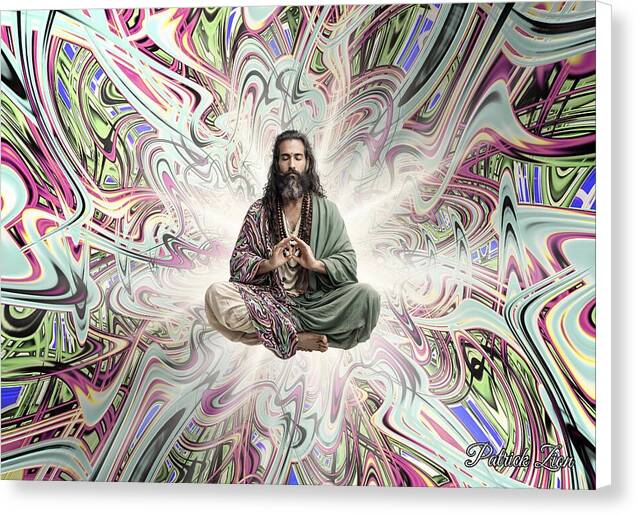 Approaching Nirvana – spiritual fractal canvas art by Patrick Zion, white edge version showing a serene meditator dissolving into radiant fractal light symbolizing enlightenment and stillness.