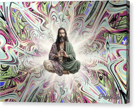 Approaching Nirvana – spiritual fractal canvas art by Patrick Zion, mirrored edge version depicting a levitating meditative figure surrounded by soft psychedelic fractal light symbolizing inner peace and transcendence.
