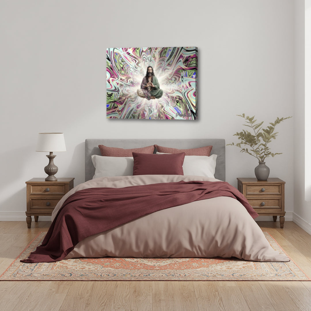 Approaching Nirvana by Patrick Zion above a peaceful bedroom setting, featuring radiant fractal energy and a centered meditating figure symbolizing calm, introspection, and spiritual harmony.