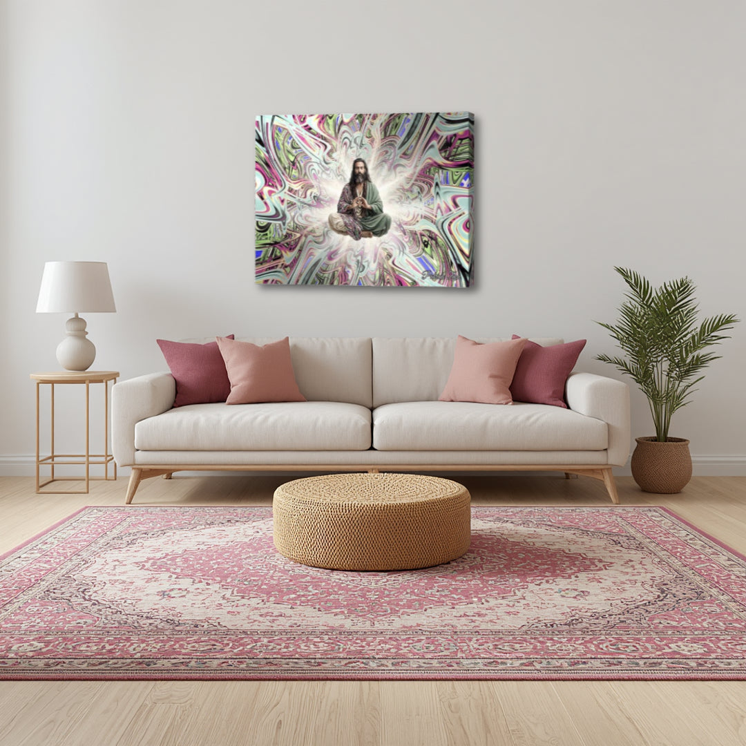 Approaching Nirvana by Patrick Zion displayed in a contemporary living room, featuring a luminous meditating figure within psychedelic fractal light symbolizing enlightenment, presence, and inner transformation.