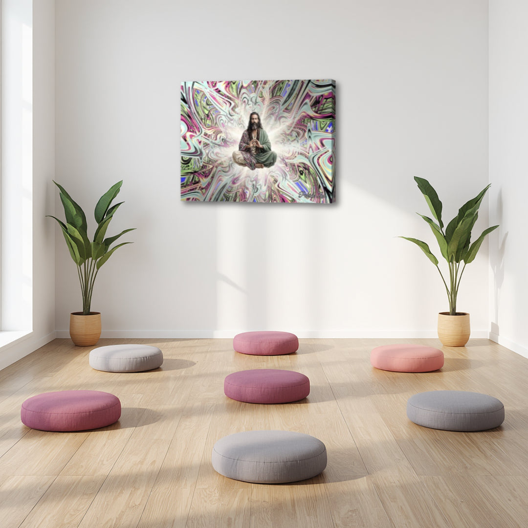 Approaching Nirvana by Patrick Zion displayed in a tranquil meditation space, featuring a luminous meditating figure surrounded by intricate fractal energy symbolizing enlightenment, inner peace, and spiritual awakening.