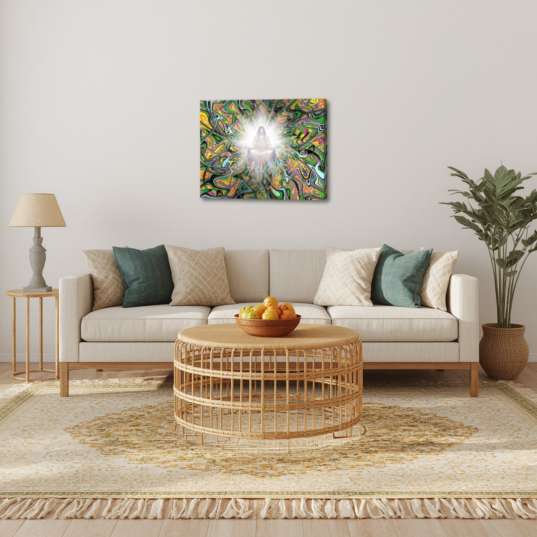 Ascended Master – abstract spiritual fractal canvas art by Patrick Zion featured in a bright living room with neutral furnishings and natural textures, highlighting a luminous meditating figure at the center of flowing green and gold energy fields that suggest harmony and higher awareness.