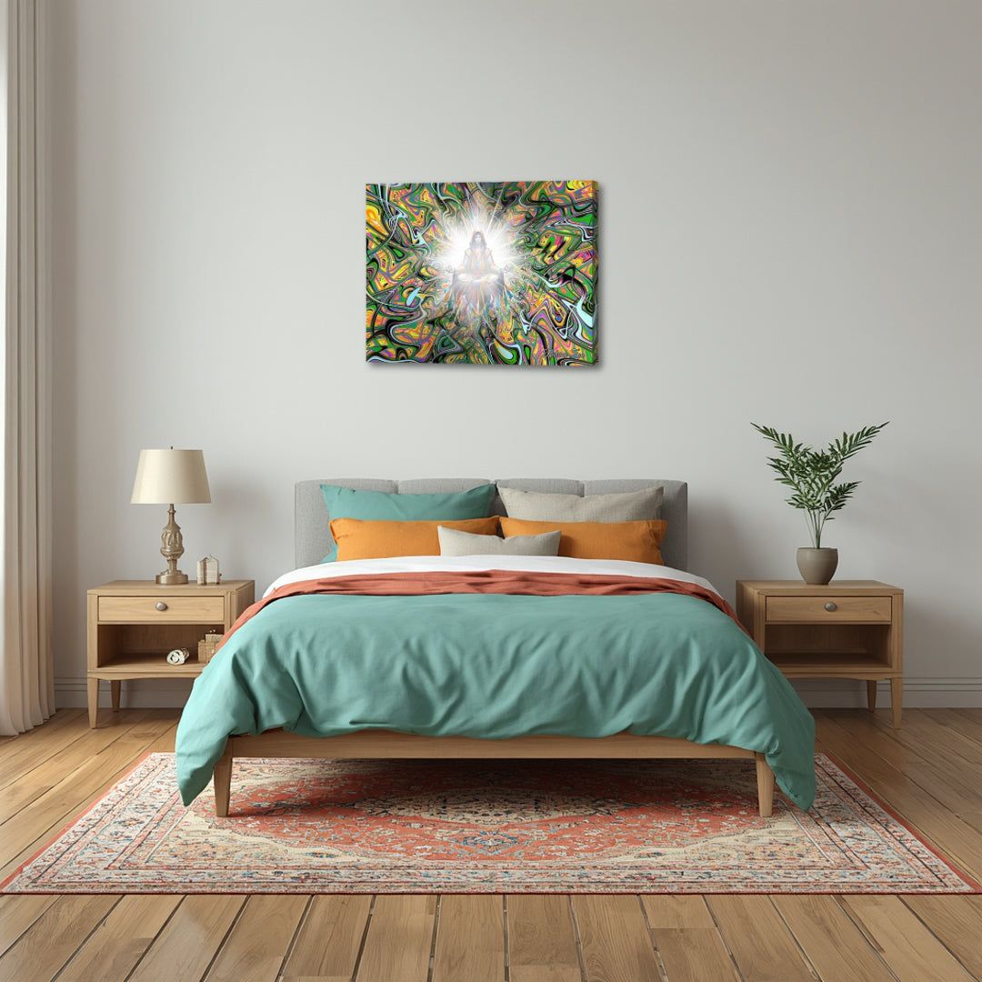 Ascended Master – spiritual fractal canvas art by Patrick Zion placed above a modern bedroom with soft teal and warm accent tones, showcasing a glowing meditative figure surrounded by intricate fractal patterns that evoke balance, transformation, and inner peace.