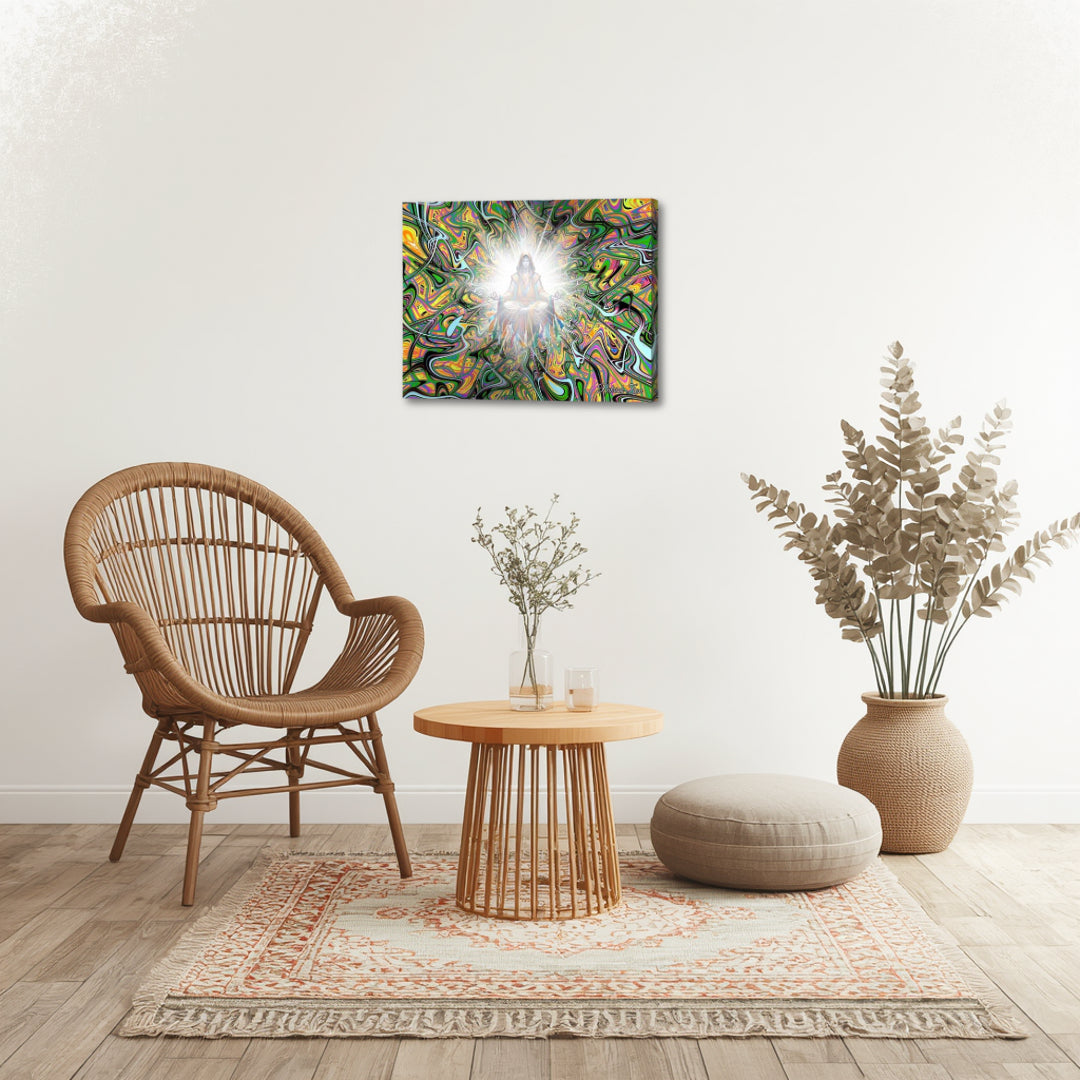 Ascended Master – spiritual fractal canvas art by Patrick Zion displayed in a calm natural lounge setting with woven textures and warm tones, featuring a radiant meditating figure emerging from vibrant green and gold fractal energy, symbolizing inner awakening and elevated consciousness.