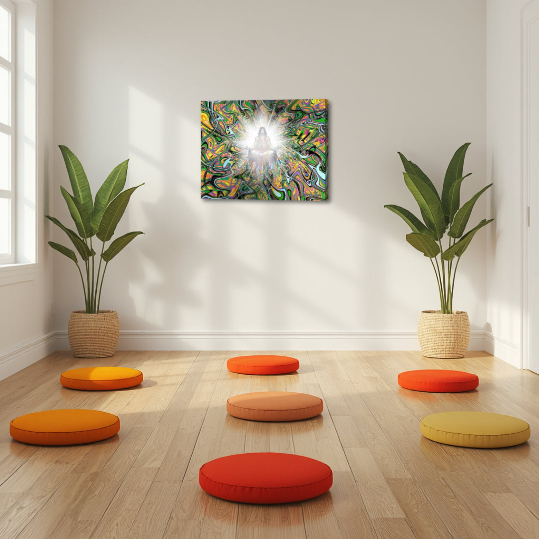 Ascended Master – spiritual fractal canvas art by Patrick Zion displayed in a peaceful meditation space with floor cushions and natural light, featuring a radiant meditating figure surrounded by dynamic fractal energy, inspiring mindfulness, presence, and spiritual elevation.

