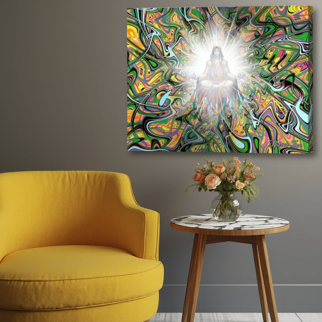 Ascended Master- visionary spiritual wall art canvas print by Patrick Zion featured in elegant contemporary decor, illuminated mystical figure emerging from vibrant abstract currents and transcendent radiant light.
