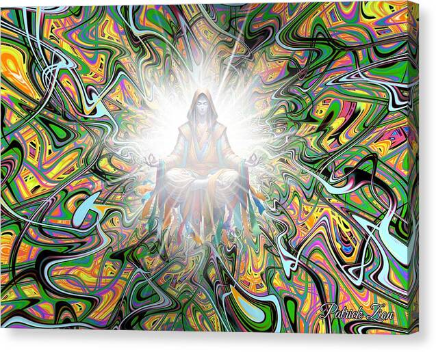 Ascended Master – mystical abstract canvas wall art by Patrick Zion, mirrored edge version showing a glowing spiritual figure in a kaleidoscope of color symbolizing enlightenment and higher awareness.