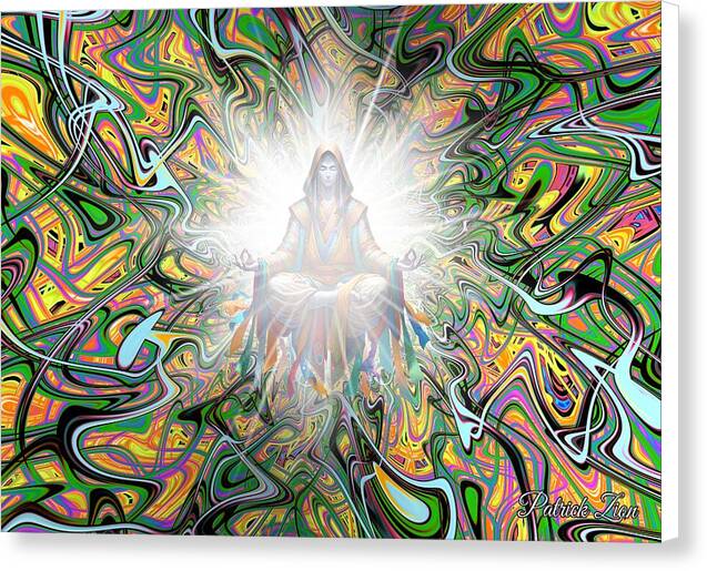 Ascended Master – visionary fractal canvas print by Patrick Zion, white edge version featuring a radiant being in meditation surrounded by vibrant geometric waves of light and consciousness.