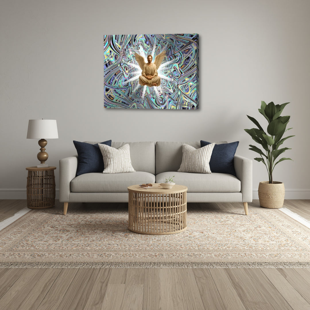 Azael by Patrick Zion displayed in a bright living room, featuring a centered angelic figure with glowing wings immersed in complex fractal structures and spiritual symbolism.