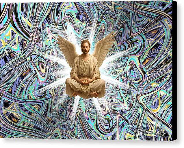 Azael – spiritual fractal canvas art by Patrick Zion, black edge version featuring a serene angel in meditation illuminated by luminous sacred light within a vibrant multidimensional fractal cosmos.