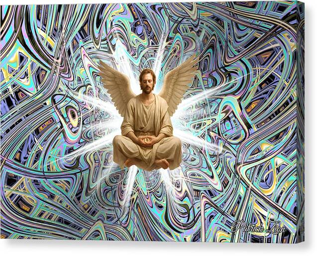 Azael – spiritual fractal canvas art by Patrick Zion, mirrored edge version depicting a meditating angel levitating in radiant celestial light surrounded by swirling iridescent fractal patterns.