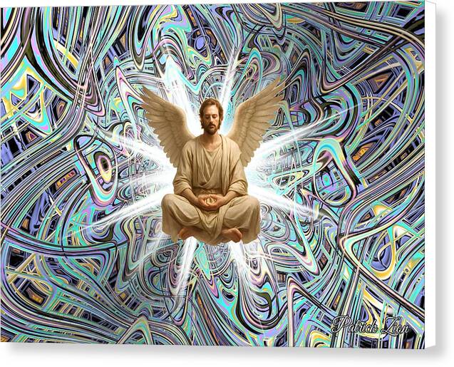 Azael – spiritual fractal canvas art by Patrick Zion, white edge version showing a tranquil angel in golden robes suspended in bright cosmic light framed by ethereal iridescent fractal energy.
