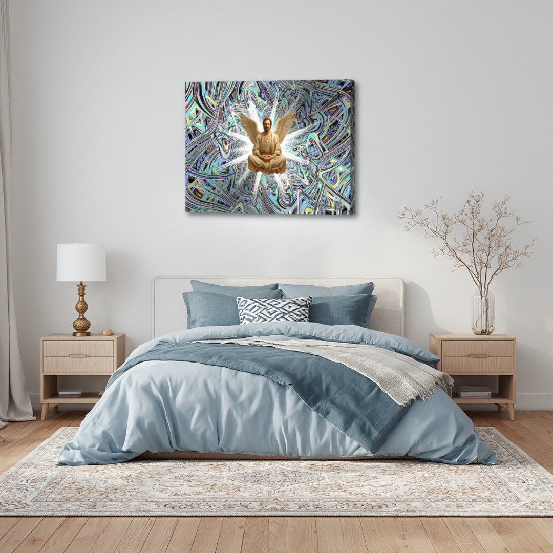 Azael by Patrick Zion above a modern bedroom, depicting a peaceful angel in meditation surrounded by flowing fractal designs and soft celestial tones.