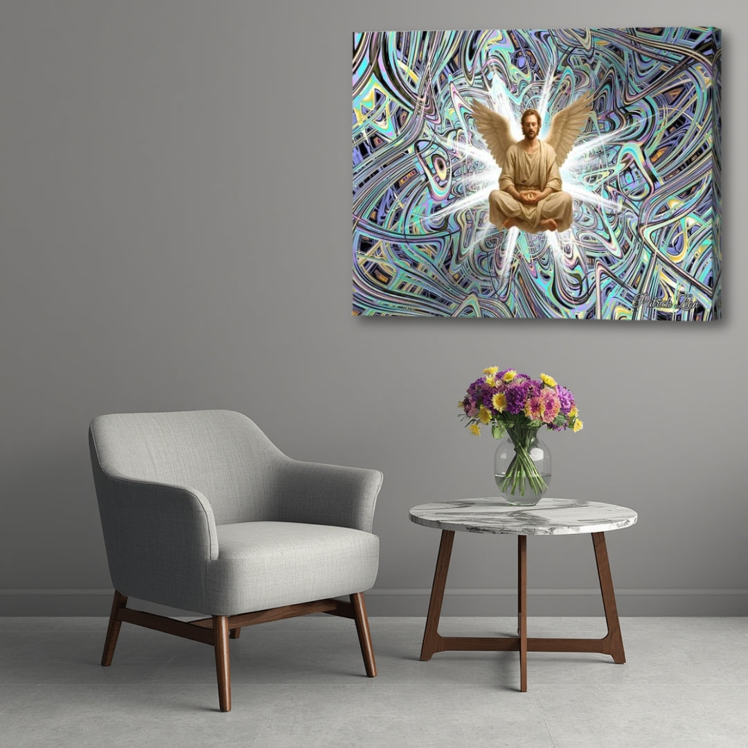 Azael – spiritual visionary canvas artwork by Patrick Zion displayed in a modern lounge with an up-close perspective, featuring a levitating angelic figure surrounded by radiant fractal light, cosmic energy streams, and intricate multidimensional abstractions in ethereal pastel tones.