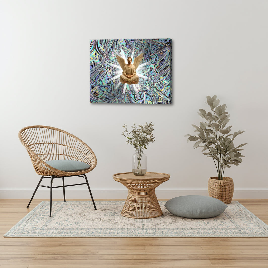 Azael artwork by Patrick Zion in a cozy boho setting, showcasing a meditating angel figure with radiant wings set against detailed abstract fractal geometry.