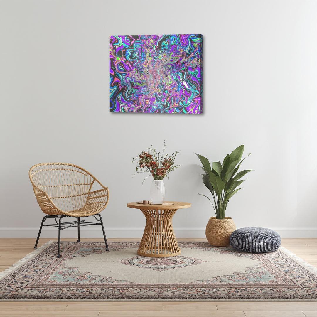 Behind the Event Horizon by Patrick Zion styled in a boho minimal corner with natural textures, where vibrant fractal waves contrast beautifully with a soft, grounded interior.