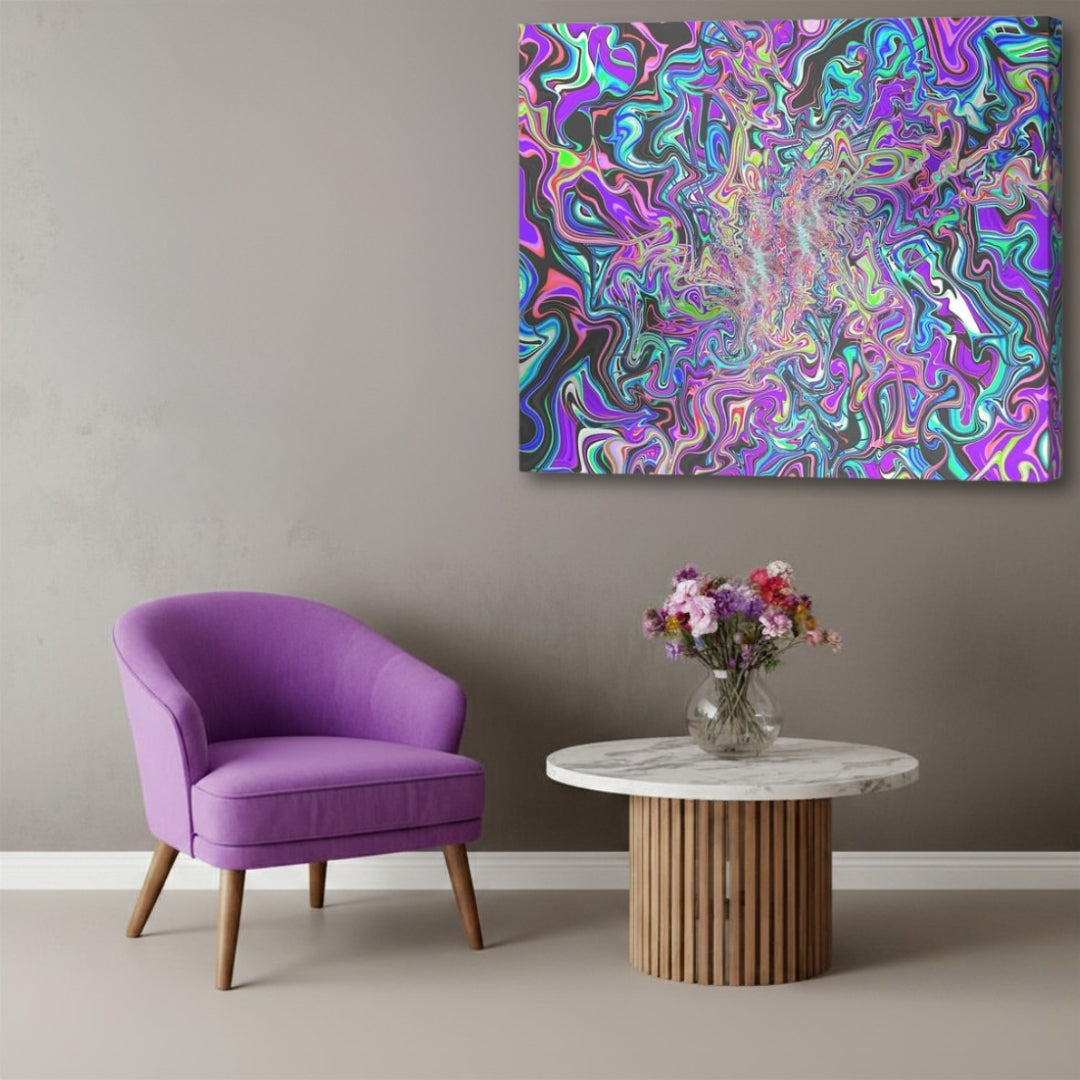 Behind the Event Horizon – cosmic psychedelic fractal canvas art by Patrick Zion displayed in a modern lounge with an up-close composition, featuring swirling neon energy textures, multidimensional abstract patterns, and mysterious galactic motion inspired by deep space phenomena.