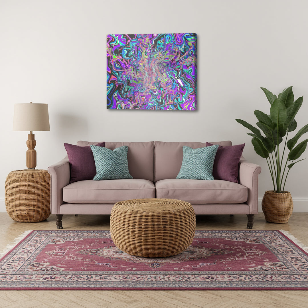 Behind the Event Horizon by Patrick Zion displayed in a modern living room, featuring fluid psychedelic fractal patterns that create a sense of depth, motion, and cosmic immersion.