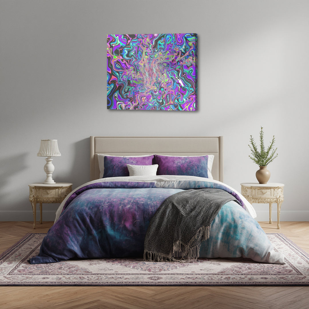 Behind the Event Horizon artwork by Patrick Zion above a calming bedroom setting, where swirling fractal energy evokes a dreamlike transition into deeper layers of consciousness.