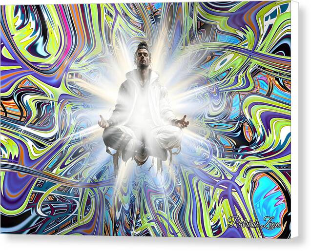 Beyond Good & Evil psychedelic spiritual canvas print with white edges, depicting a levitating sage centered in luminous white light, surrounded by an intricate neon fractal background full of movement and sacred energy.