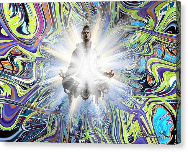 Beyond Good & Evil spiritual fractal canvas print with mirrored edges, featuring a levitating meditator surrounded by radiant white light against a vivid psychedelic fractal background filled with flowing neon patterns.