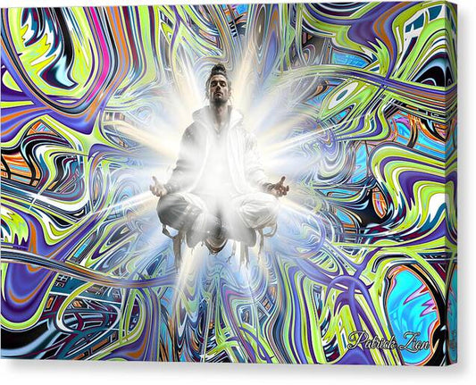 Beyond Good & Evil spiritual fractal canvas print with mirrored edges, featuring a levitating meditator surrounded by radiant white light against a vivid psychedelic fractal background filled with flowing neon patterns.
