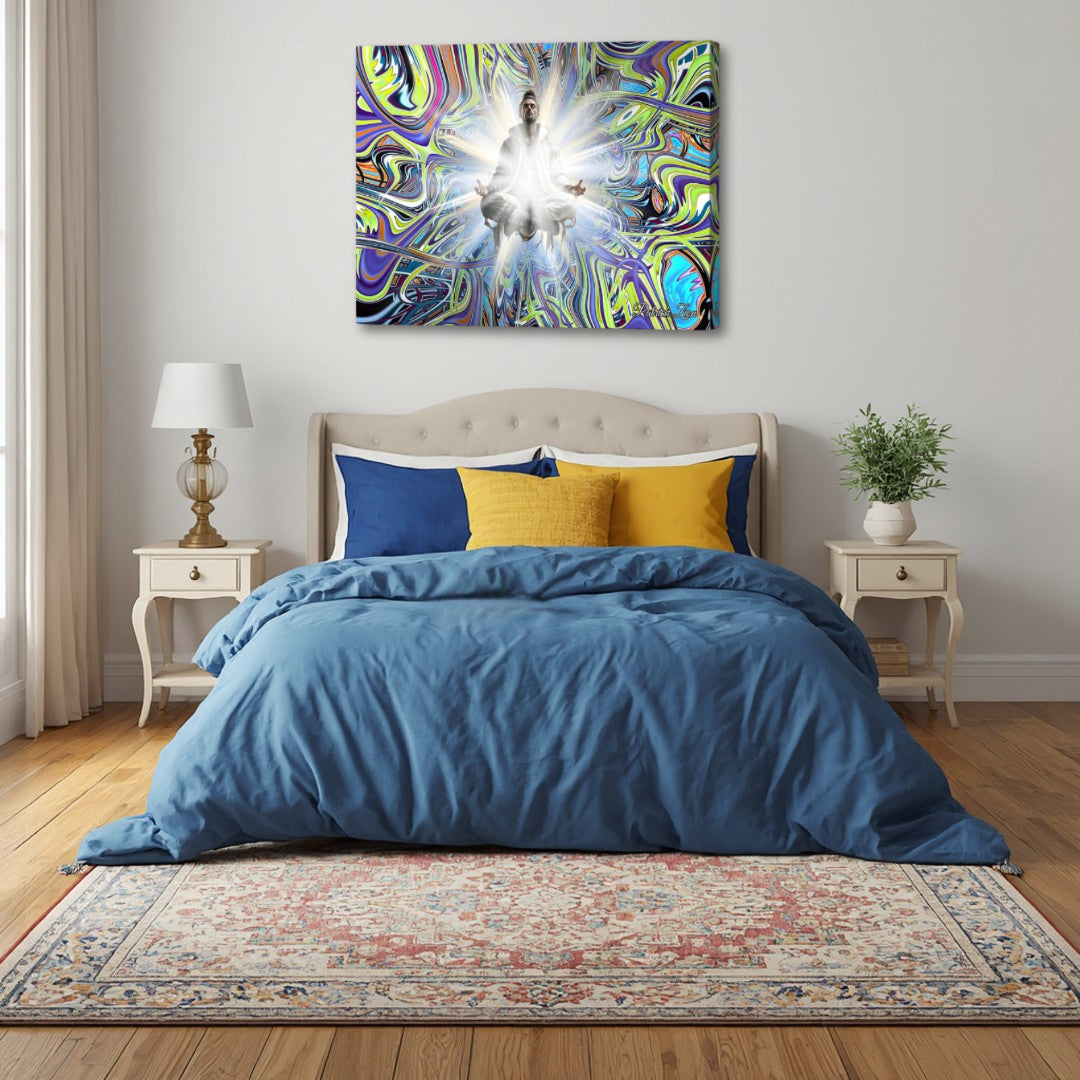 Beyond Good & Evil by Patrick Zion above a calming bedroom setting, showcasing a radiant levitating figure within intricate fractal patterns, symbolizing inner balance, higher awareness, and the merging of opposites.