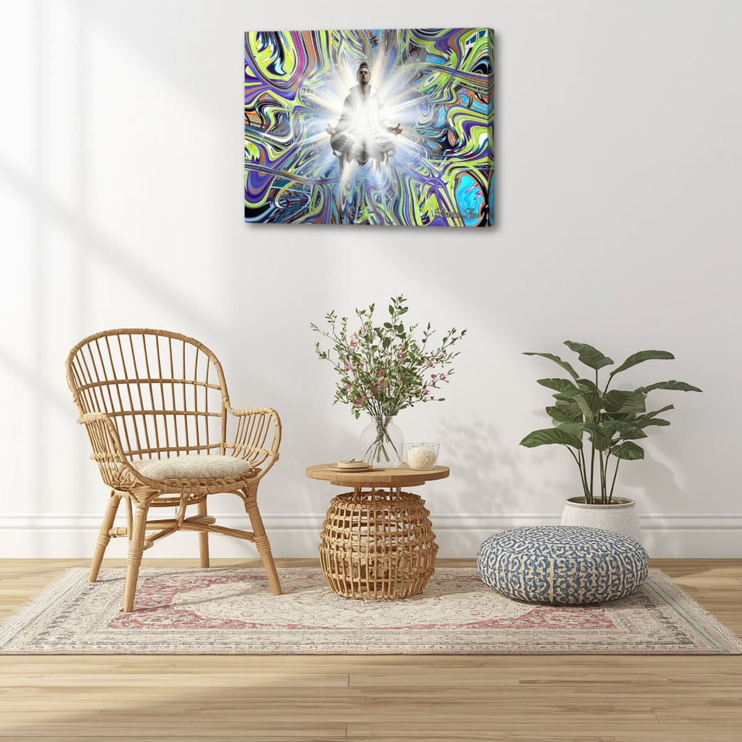 Beyond Good & Evil by Patrick Zion in a modern boho setting, showcasing vivid psychedelic fractal patterns and a luminous central figure symbolizing harmony between light and shadow, and inner transformation.