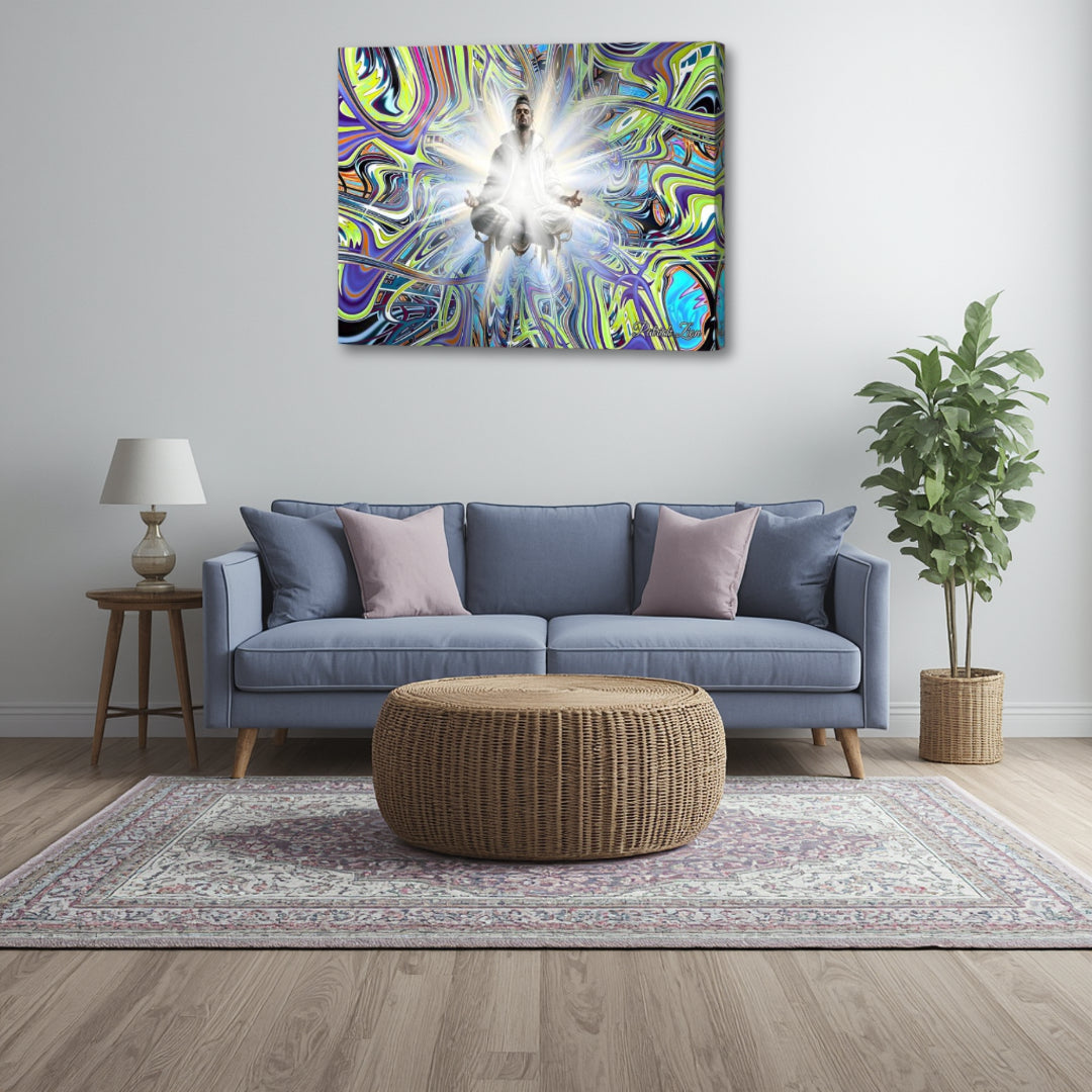Beyond Good & Evil by Patrick Zion displayed in a modern living room, featuring a luminous meditative figure surrounded by vibrant psychedelic fractal energy, symbolizing transcendence, duality, and expanded consciousness.