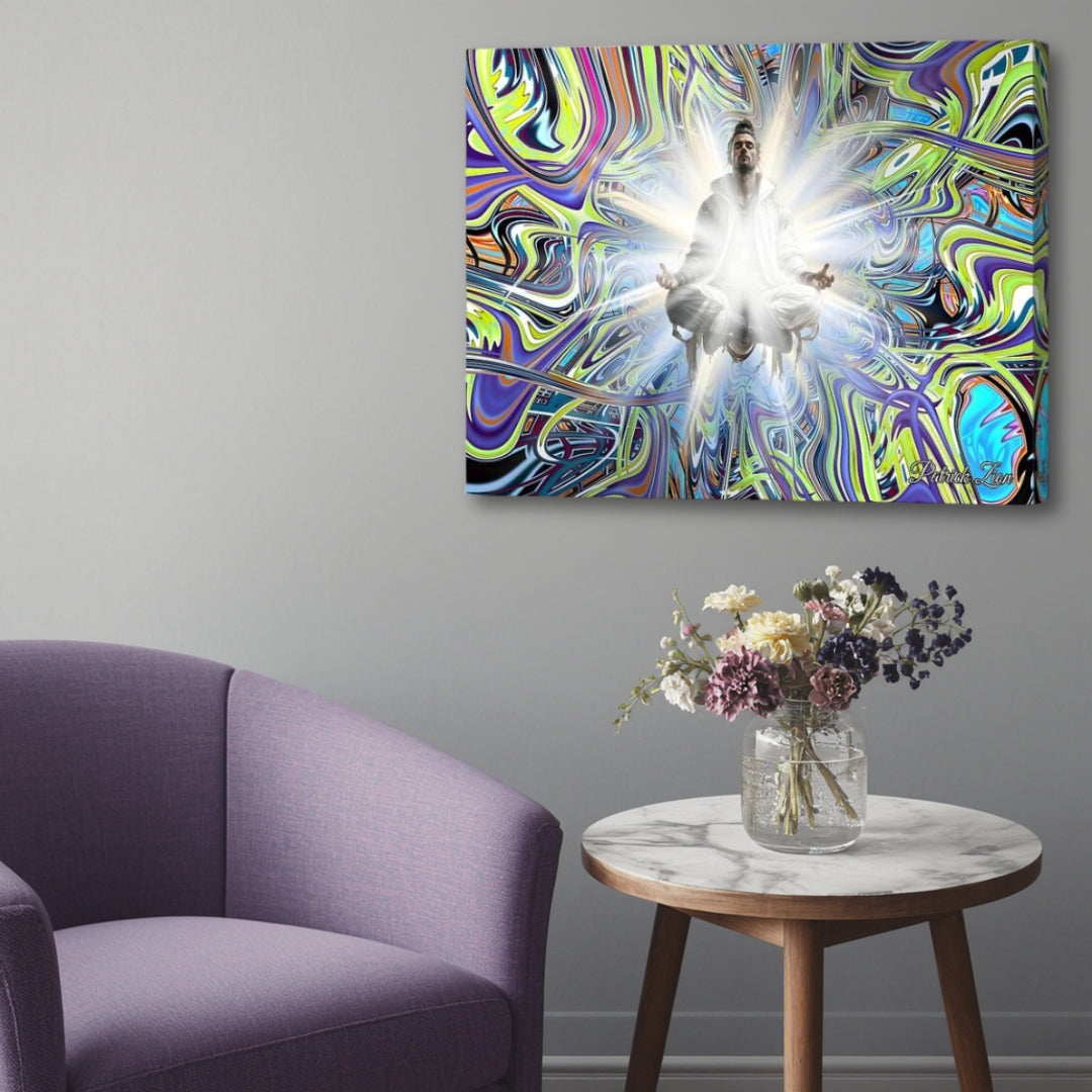Beyond Good & Evil by Patrick Zion up close view in a modern interior setting, featuring a radiant meditative figure surrounded by vivid psychedelic fractal patterns, highlighting fine detail, color depth, and symbolic representation of duality and higher consciousness.