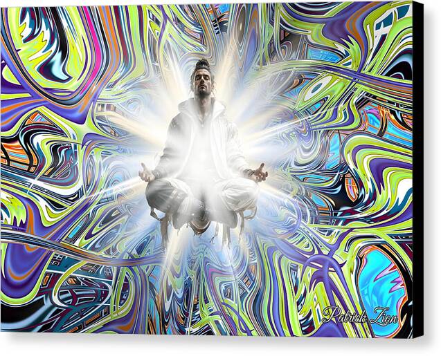 Beyond Good & Evil visionary fractal canvas print with black edges, showing a floating mystic figure in deep meditation, glowing with white energy and set against a colorful abstract fractal background.