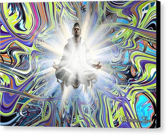 Beyond Good & Evil visionary fractal canvas print with black edges, showing a floating mystic figure in deep meditation, glowing with white energy and set against a colorful abstract fractal background.