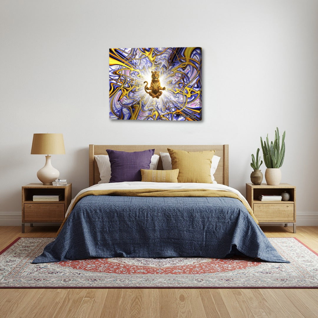 Big Cats Transcendence artwork by Patrick Zion above a cozy bedroom, showcasing a floating cat in meditation within luminous fractal energy and sacred geometric flow.