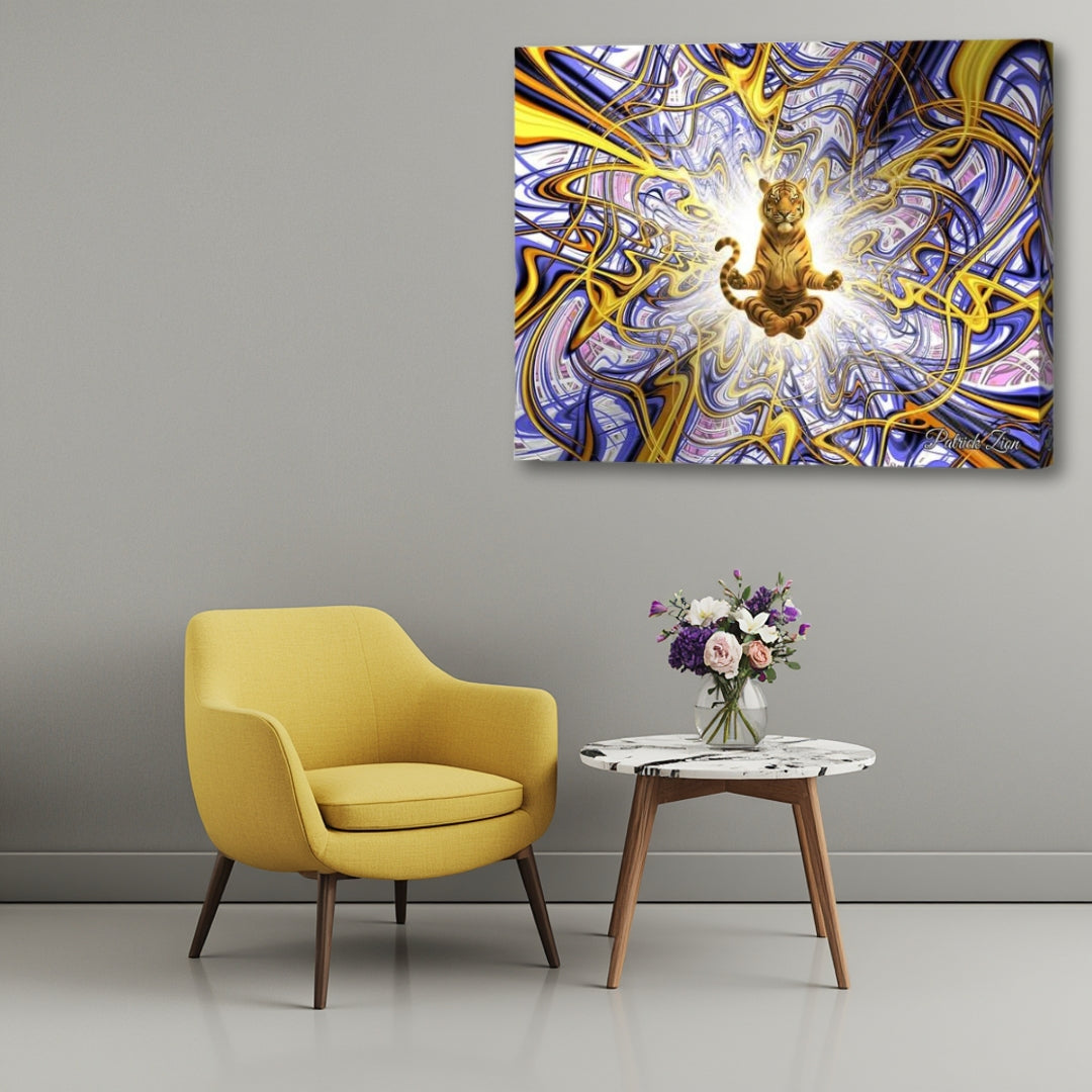 Big Cats Transcendence – spiritual tiger canvas artwork by Patrick Zion displayed in a modern interior, featuring a meditating tiger surrounded by radiant white light, flowing golden and violet fractal energy, and mystical symbolism of strength, wisdom, and inner awakening.