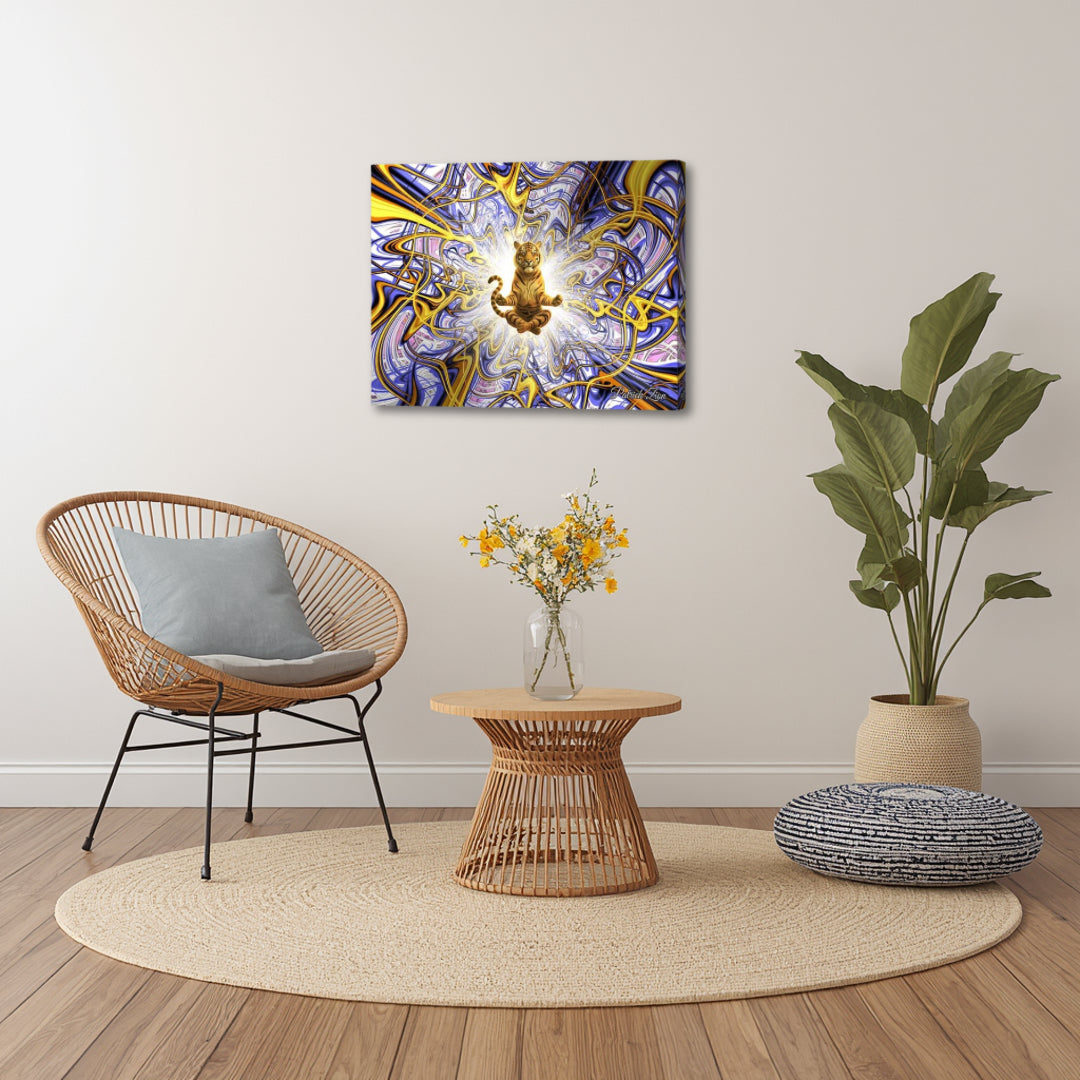  Cats Transcendence by Patrick Zion in a minimalist boho interior, depicting a meditative feline surrounded by intricate psychedelic fractal structures and glowing light.