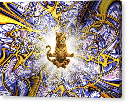 Big Cat’s Transcendence – spiritual fractal canvas art by Patrick Zion, mirrored edge version depicting a meditating tiger in radiant fractal light with reflected edges blending into golden and violet sacred geometry patterns.
