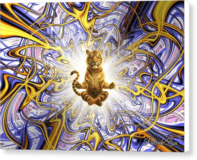 Big Cat’s Transcendence – spiritual fractal canvas art by Patrick Zion, white edge version showing a serene meditating tiger surrounded by glowing fractal light and flowing sacred geometry patterns framed by clean white edges.