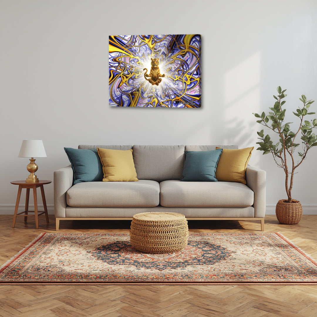 Big Cats Transcendence by Patrick Zion displayed in a modern living room, featuring a levitating feline figure surrounded by radiant fractal patterns symbolizing spiritual awakening.