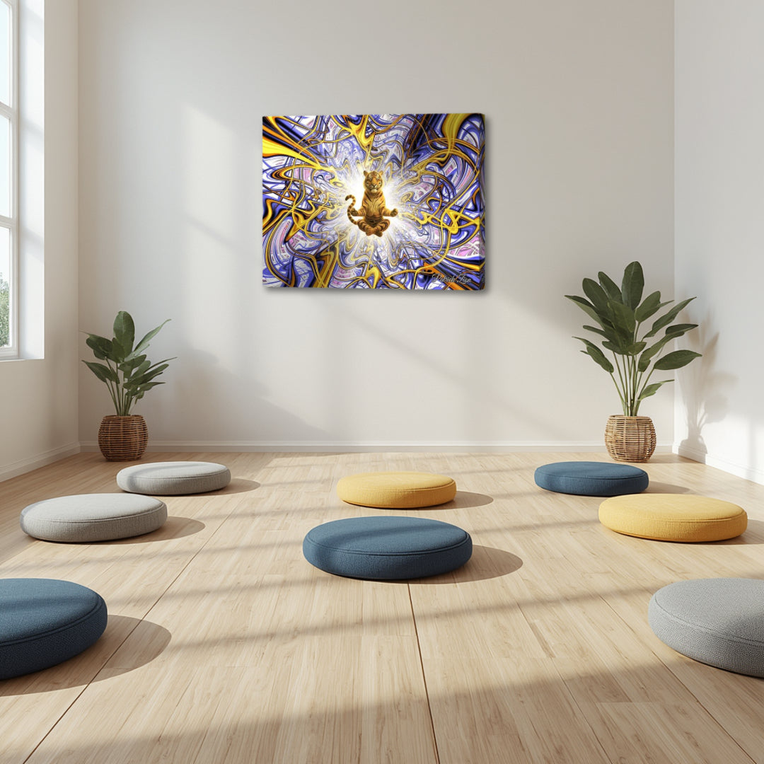Big Cats Transcendence by Patrick Zion displayed in a serene meditation space, featuring a levitating cat figure radiating light within complex fractal geometry and cosmic energy.