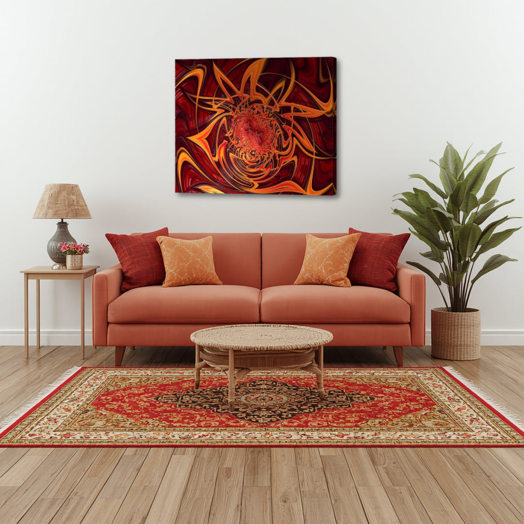 Blaze by Patrick Zion displayed in a warm-toned living room, featuring intense red and orange fractal patterns radiating fiery energy and dynamic abstract motion.