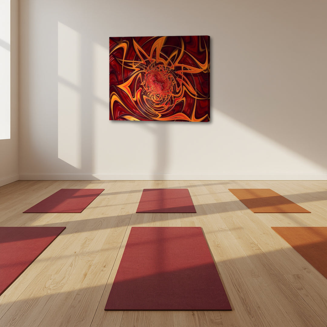 Blaze by Patrick Zion displayed in a minimal yoga space, featuring intense flame-like fractal patterns symbolizing raw energy, transformation, and inner power.