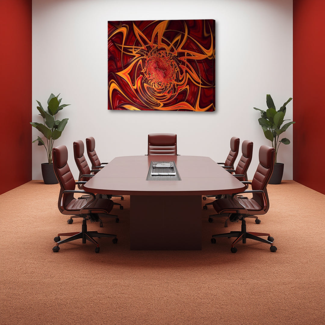 Blaze canvas wall art by Patrick Zion displayed in a modern executive conference room. The artwork features a powerful abstract fractal vortex of deep crimson, scarlet, amber, and molten gold swirling around a radiant fiery core. The dynamic composition evokes passion, transformation, ambition, strength, creative energy, and the unstoppable force of inner fire.