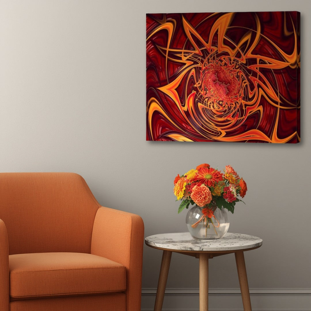 Blaze – fiery psychedelic fractal canvas artwork by Patrick Zion displayed in a modern interior with an up-close perspective, featuring swirling flame-like energy patterns, radiant orange and crimson abstractions, and intense multidimensional vortex forms against a deep red backdrop.