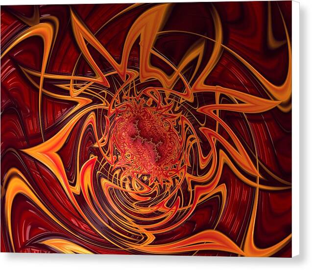 Blaze – abstract fractal canvas print by Patrick Zion, white edge version featuring a vortex of molten reds and glowing yellows symbolizing inner ignition and spiritual rebirth.