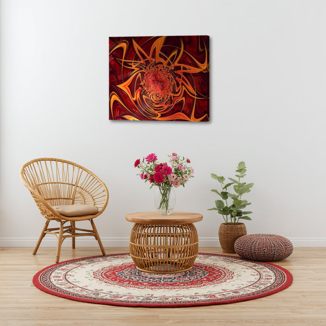 Blaze by Patrick Zion in a cozy boho interior, presenting swirling fiery fractal structures with deep reds and glowing orange tones creating a bold focal point.