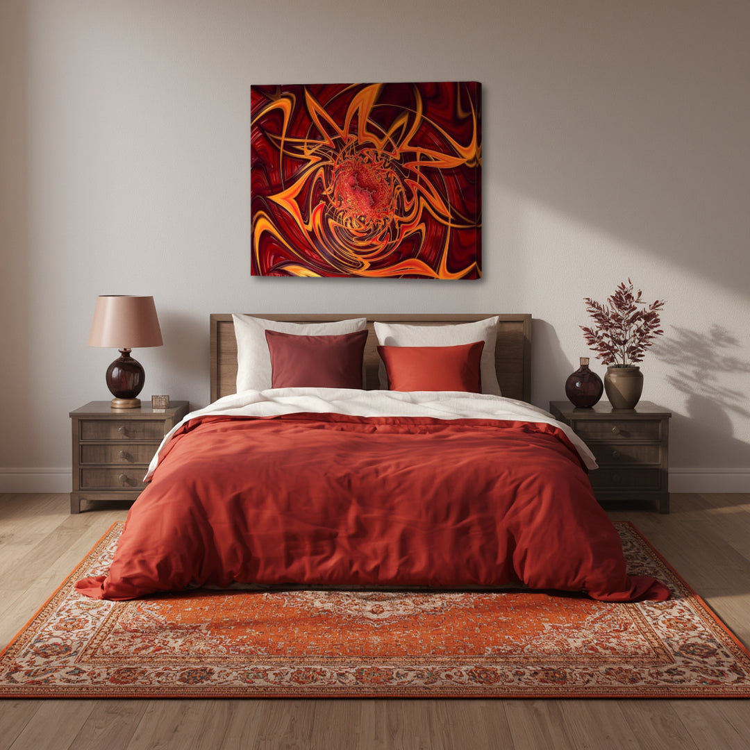 Blaze artwork by Patrick Zion above a modern bedroom, showcasing a vibrant explosion of red and orange fractal forms with a powerful, energetic visual flow.