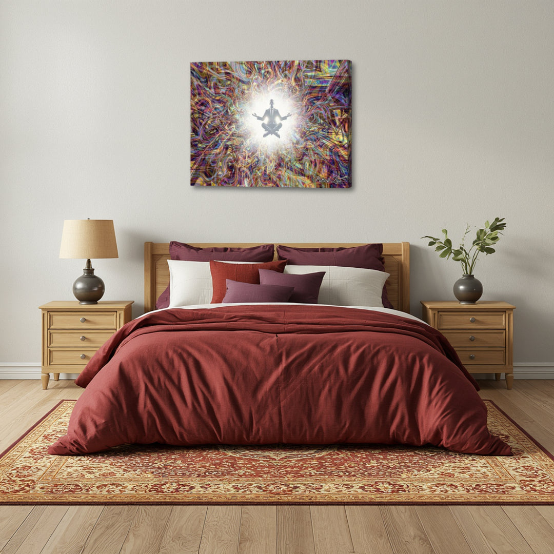 Boardroom Balance by Patrick Zion above a calming bedroom setting, showing a levitating meditative figure in luminous fractal energy symbolizing balance, mindfulness, and restful awareness.