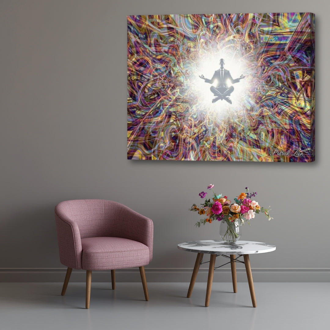 Boardroom Balance – spiritual canvas artwork by Patrick Zion featuring a meditating business professional levitating within radiant white light surrounded by intricate fractal energy patterns. Symbolizing mindfulness, leadership, success, inner peace, and the harmony between ambition and wisdom, displayed in a modern interior setting.